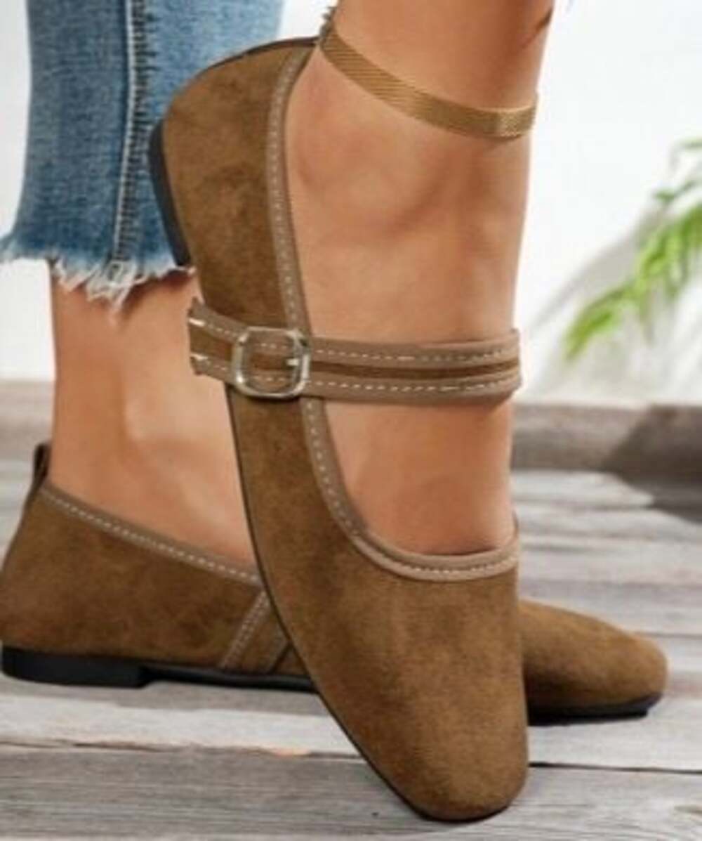 Women's Square Toe Mary Jane Flats with Adjustable Buckle Strap